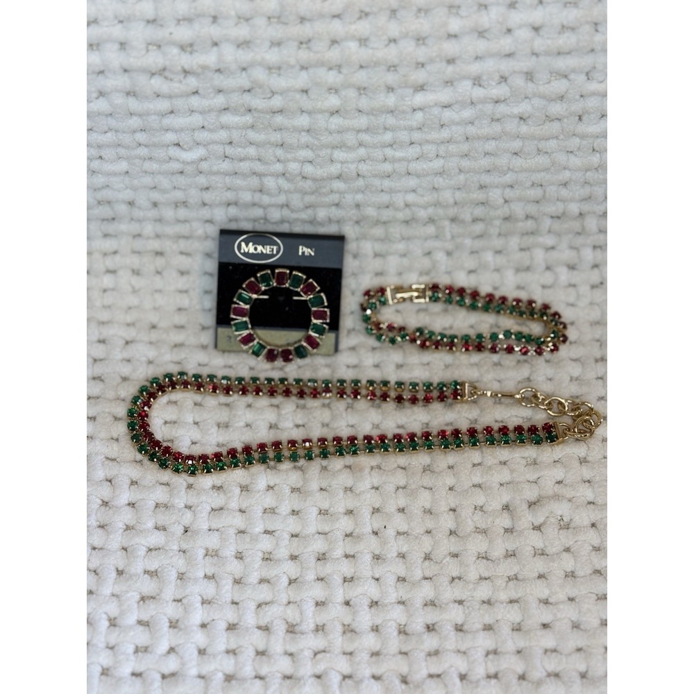 Vintage Monet Christmas Jewelry Set – Rhinestone Necklace, Bracelet, Brooch